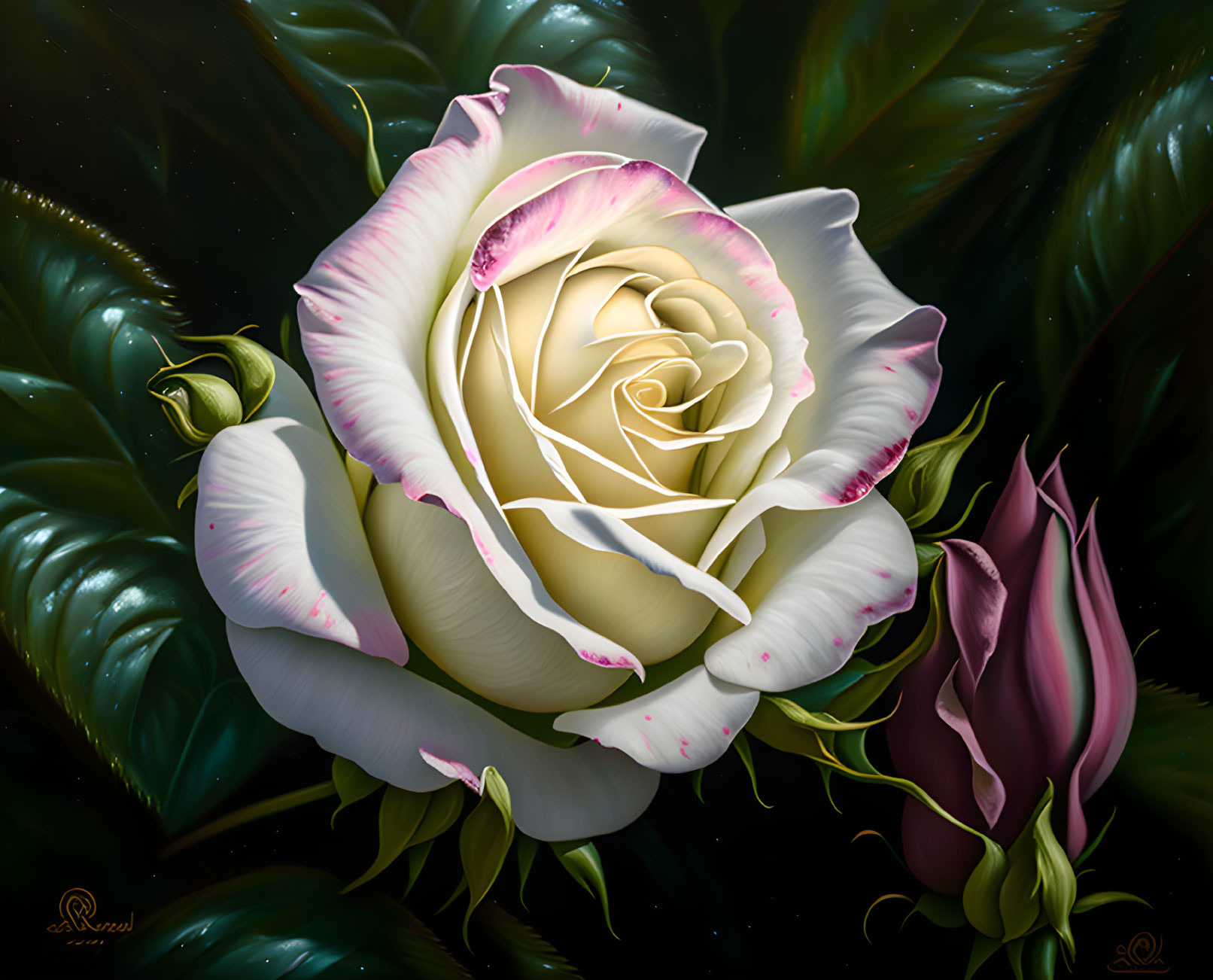 Digital artwork: White rose with pink edges, green leaves, and budding rose.