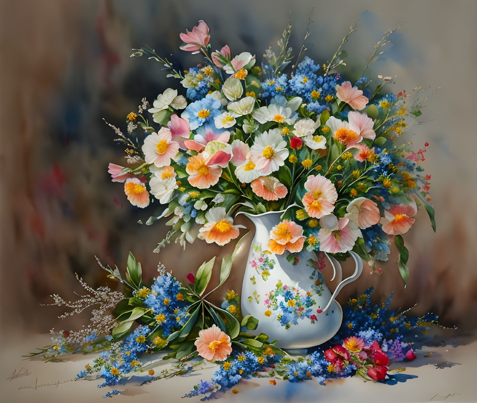 Multicolored flower bouquet in white pitcher on blurred background