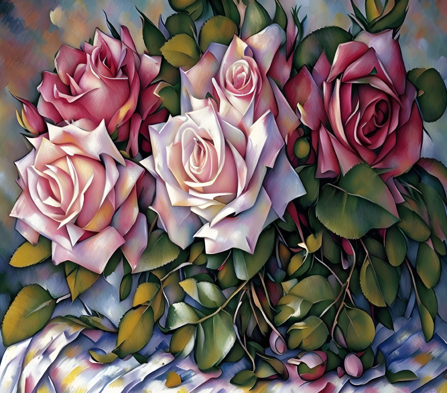 Colorful painting of pink and red roses with green leaves in warm and cool tones