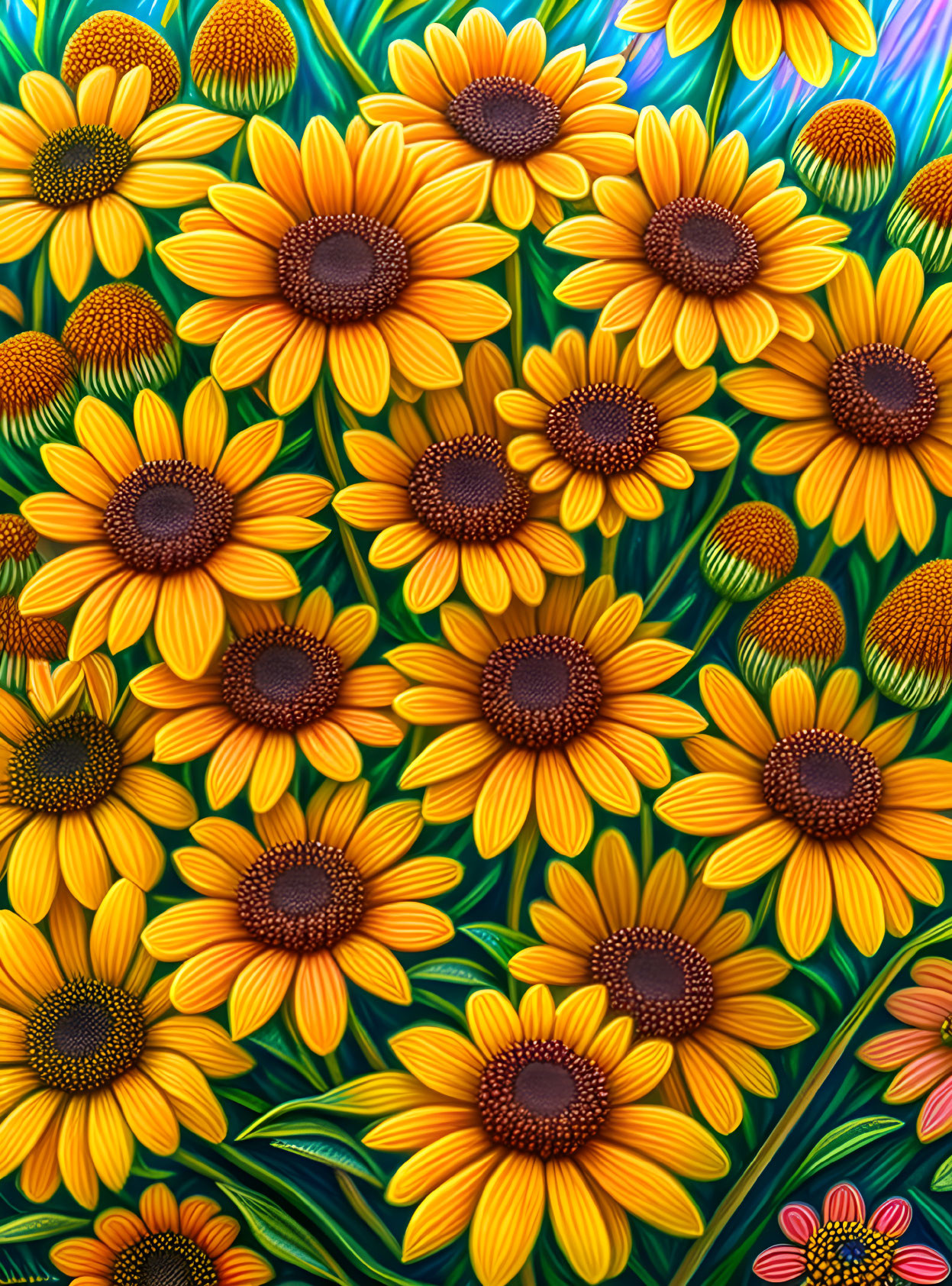 Sunflowers with lush yellow petals and dark brown centers against a green backdrop.