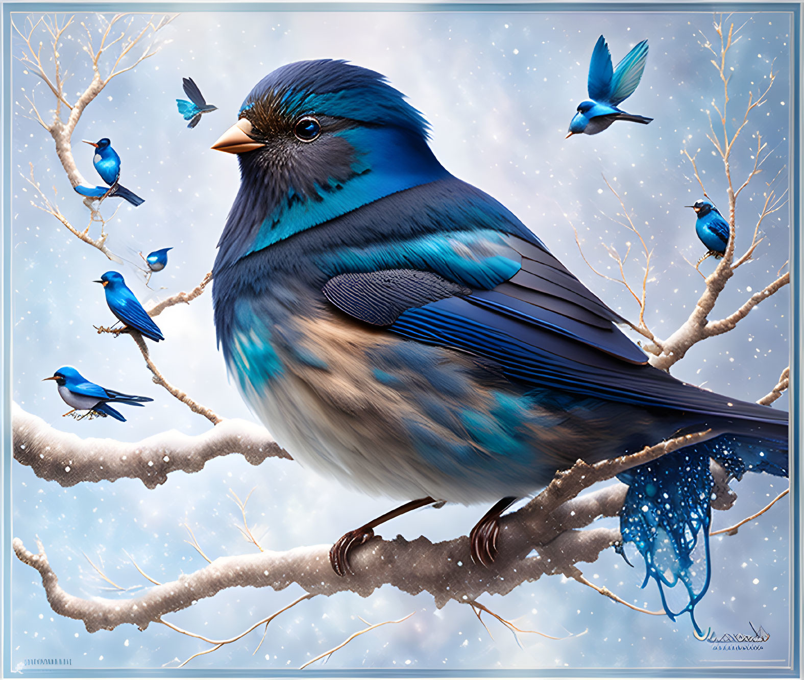 Colorful Winter Scene: Blue Bird on Snowy Branch