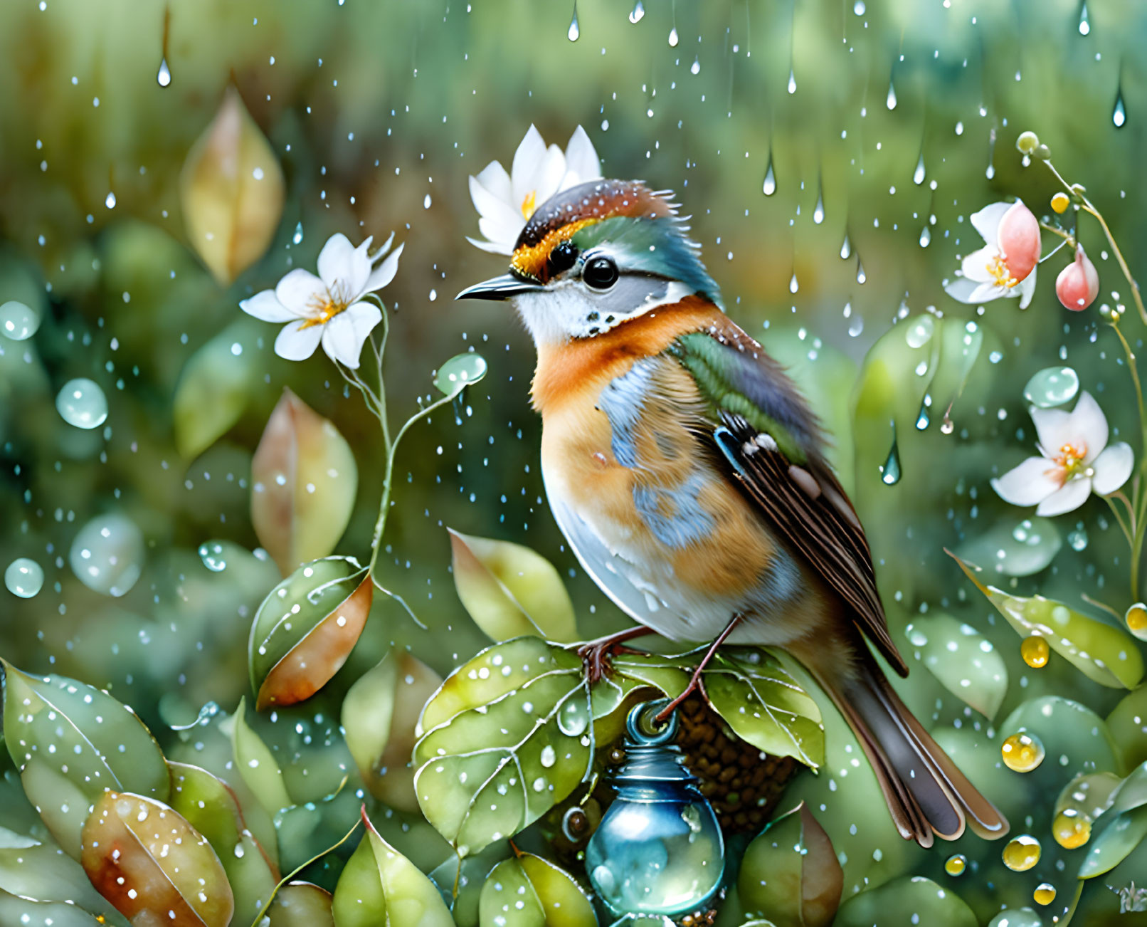 Colorful Bird with White Flower on Head Perched on Green Bulb with Raindrops and Flowers