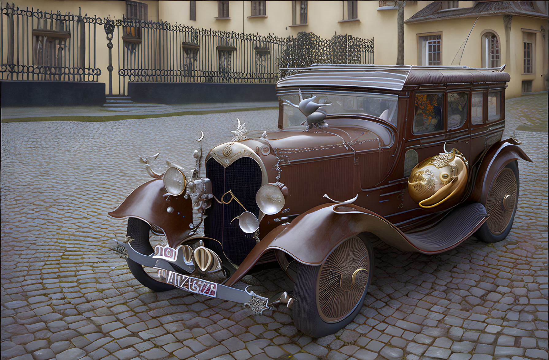 Vintage Car with Intricate Designs Parked on Cobblestone Surface