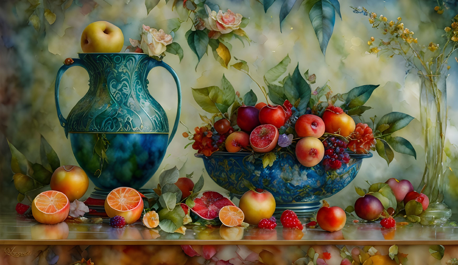 Colorful fruits and flowers in blue vase and bowl on misty backdrop