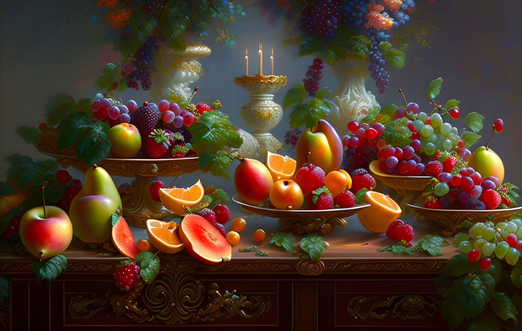 Luxurious still life with ripe fruits, ornate tableware, candles on dark backdrop