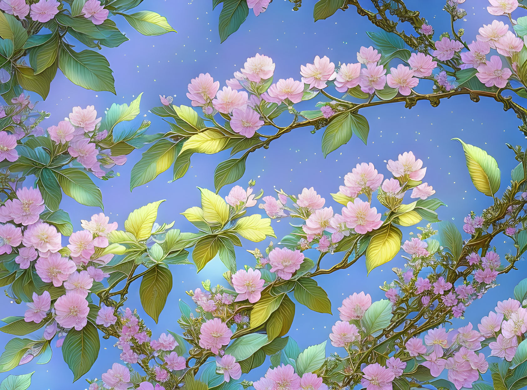 Lush Branches with Pink Blossoms in Blue Sky
