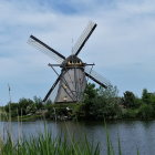 Traditional windmill by waterlily pond in lush greenery under blue sky.