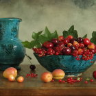 Colorful fruits and flowers in blue vase and bowl on misty backdrop