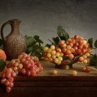 Luxurious still life with ripe fruits, ornate tableware, candles on dark backdrop