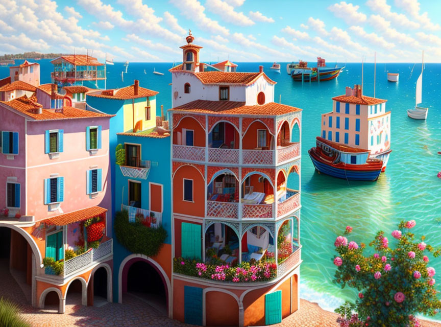 Vibrant Mediterranean Buildings by Clear Blue Sea