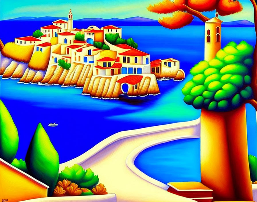 Colorful coastal village painting with smooth sea, curving road, and lush greenery.