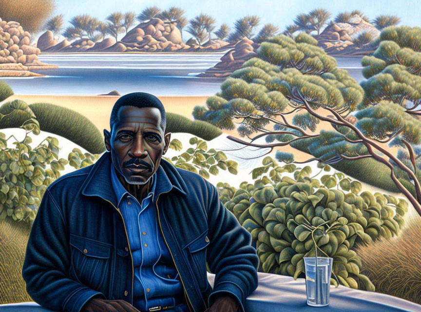 Man in Blue Jacket Sitting Outdoors by Serene Lake with Glass of Water