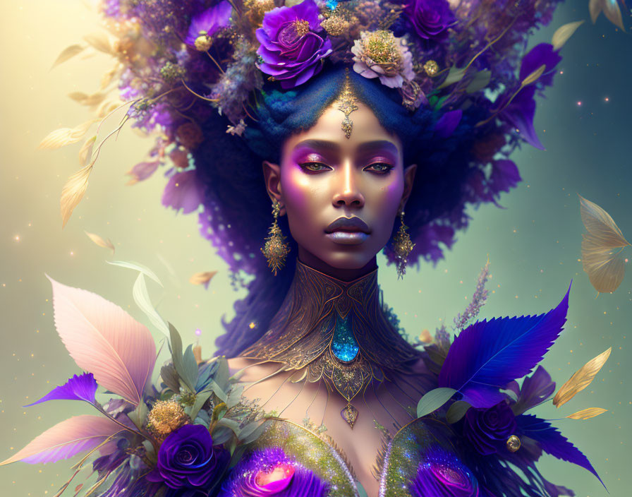 Ethereal portrait of woman with purple and gold floral adornments