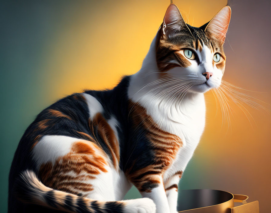 Calico cat with amber eyes sitting on gradient background