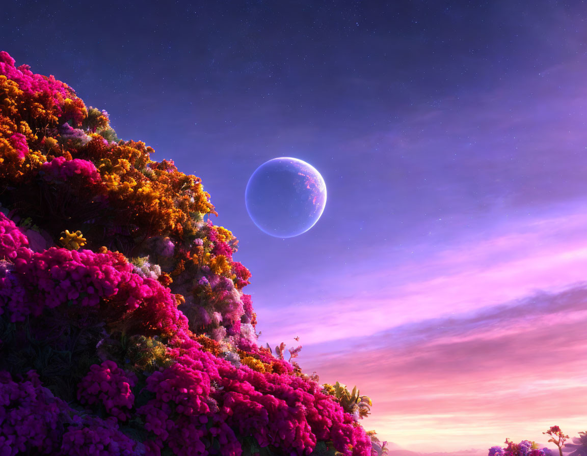 Colorful fantasy landscape with pink and orange flowers under a starry sky and glowing blue planet.