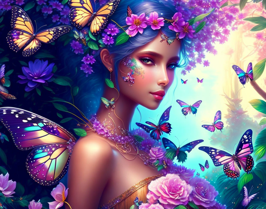 Fantasy illustration: Woman with flowers and butterflies in colorful setting