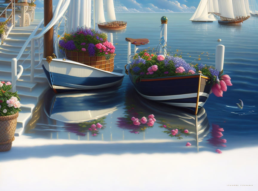 Tranquil waterfront scene with flower-adorned boats and sailboats on calm sea