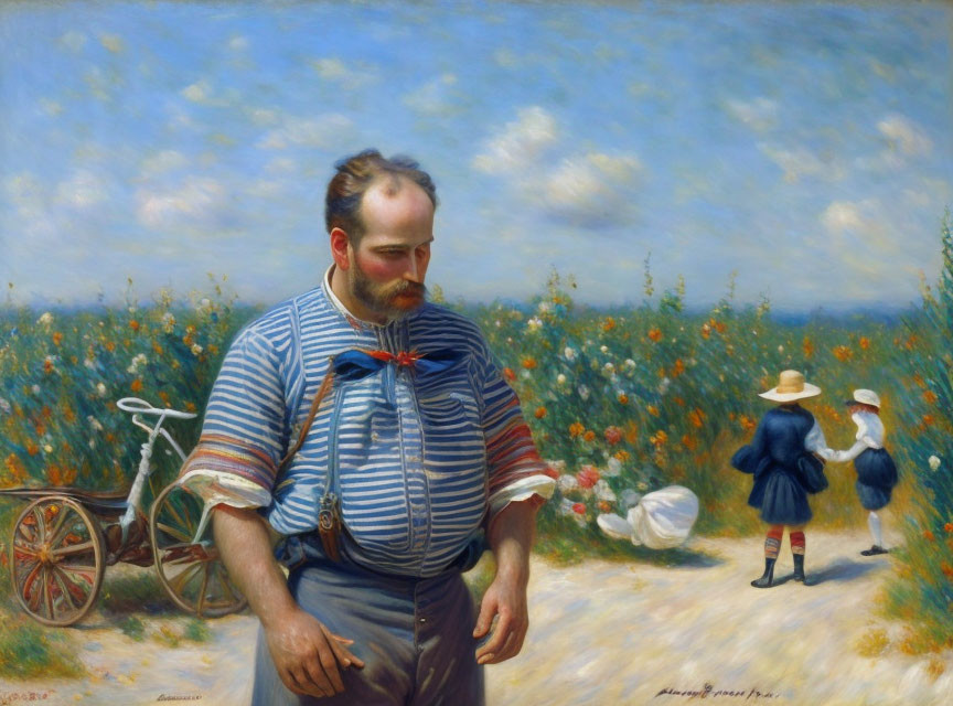 Man in striped shirt and suspenders in sunny field with wildflowers, bicycle and figures in background