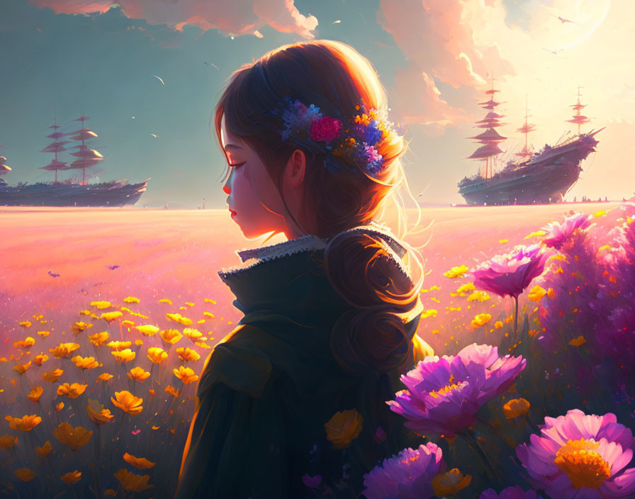 Girl with Floral Crown Watching Sunset Sky with Floating Ships and Vibrant Flowers