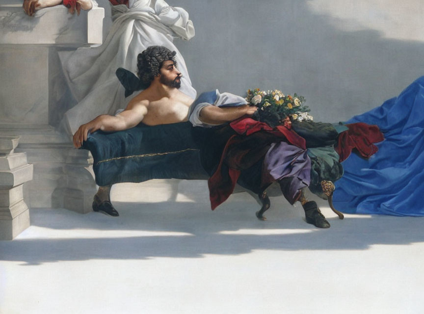 Classical painting of reclining bearded man with flowers on chaise lounge