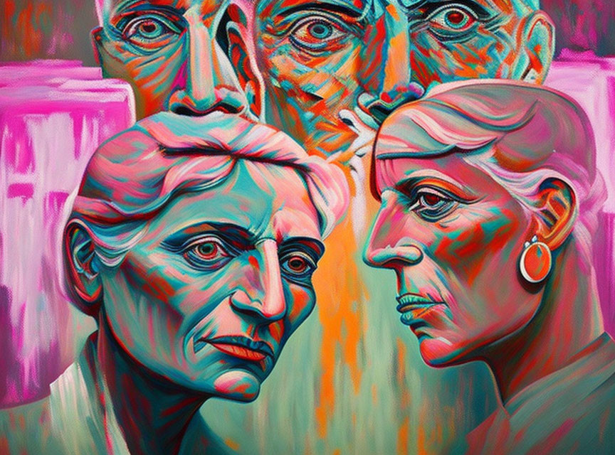 Colorful surreal portrait of two contemplative figures with exaggerated facial features