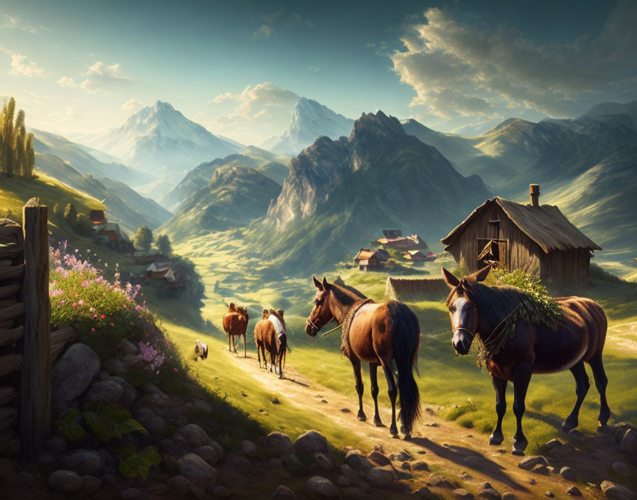 Three horses in serene mountain valley with quaint houses and green hills