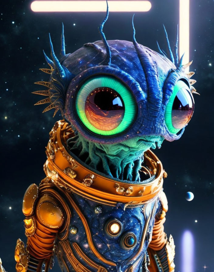 Colorful Alien in Ornate Space Suit Against Starry Space Backdrop