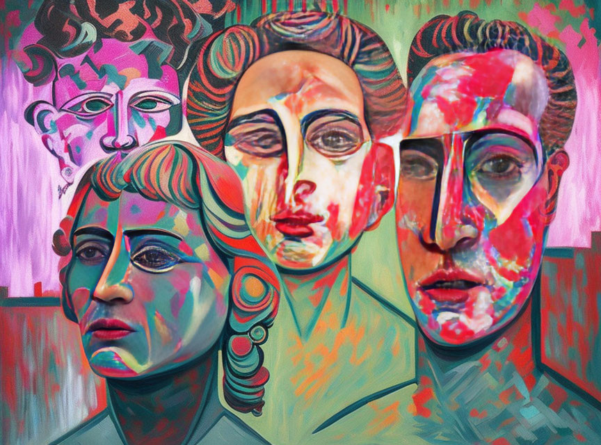 Vibrant surreal painting of four overlapping faces with abstract features