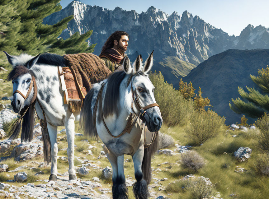 Person and horse with majestic mountain range in background depicts adventurous journey.