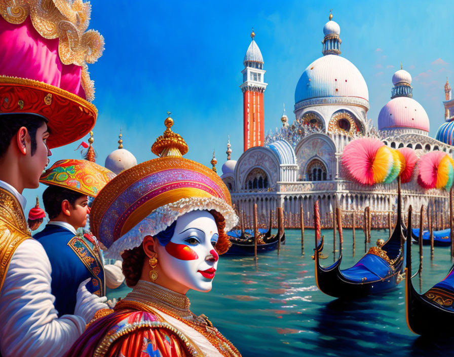 Colorful Venetian carnival masks and costumes by a canal.