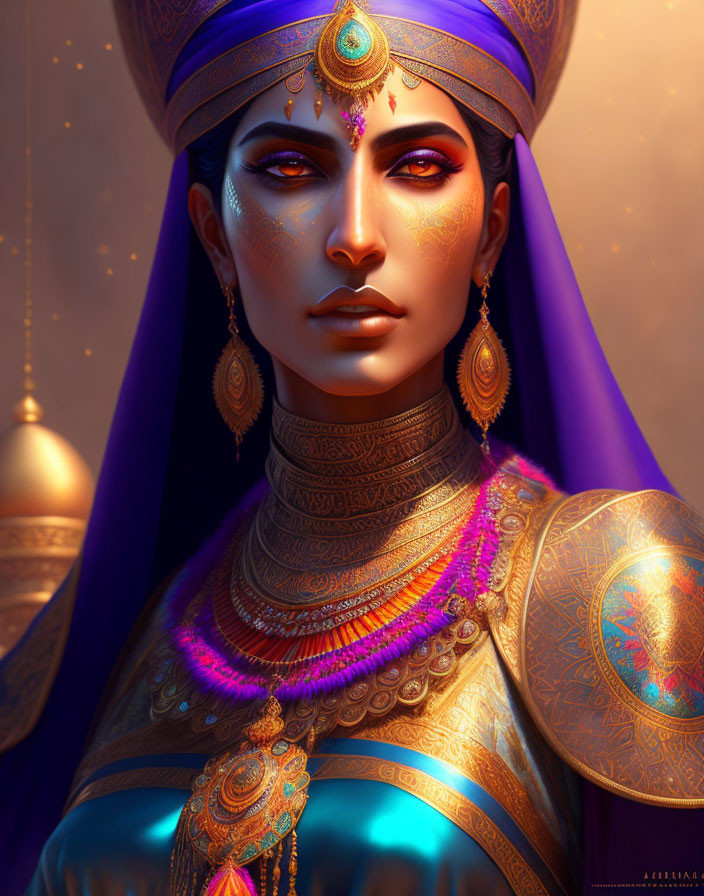 Regal woman in ornate golden jewelry and purple headdress