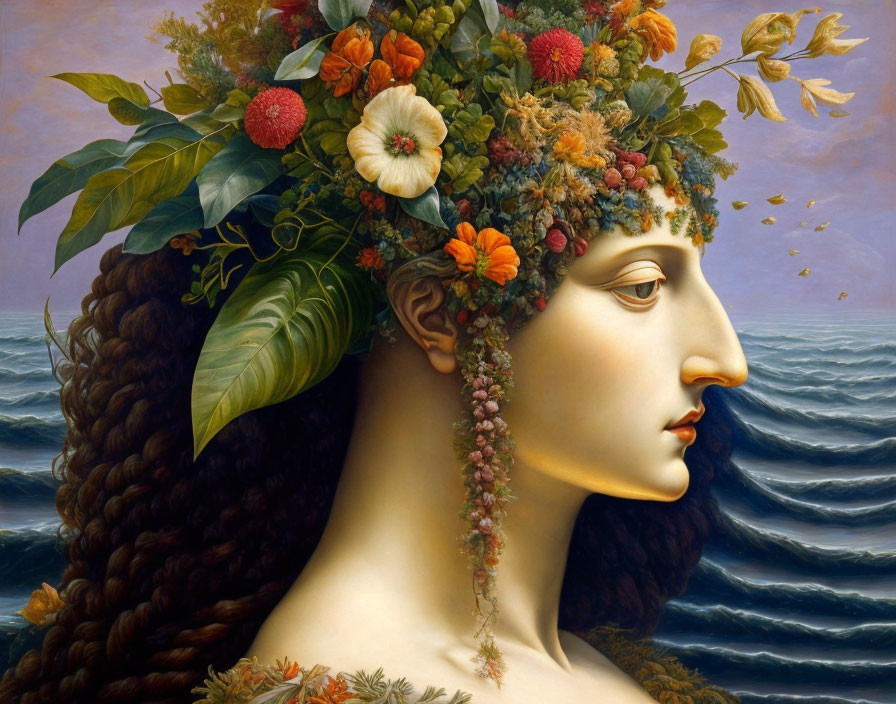 Surreal portrait of a woman with flower wreath by ocean