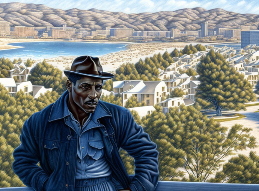 Person in hat leaning on railing with coastal cityscape in realistic art style