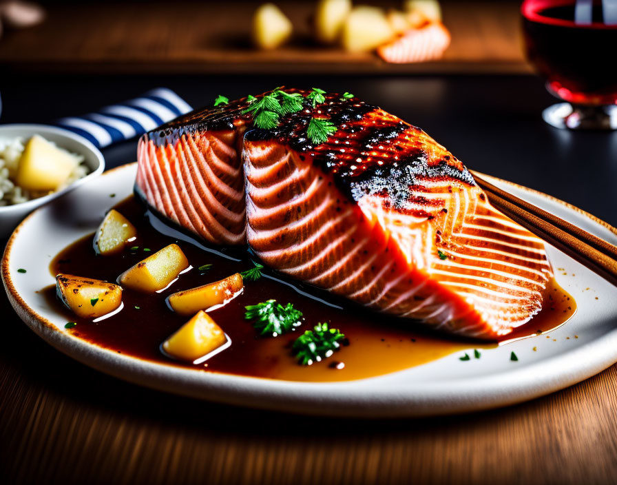 Grilled Salmon Fillet with Glaze and Parsley, Served with Diced Potatoes on