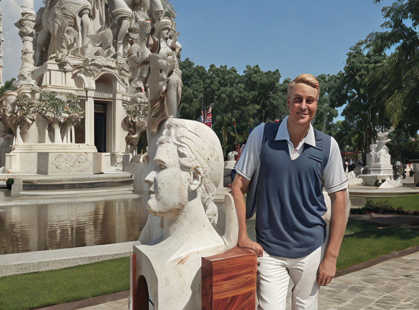 Man smiling next to classical sculpture in park with white statues and trees under blue sky