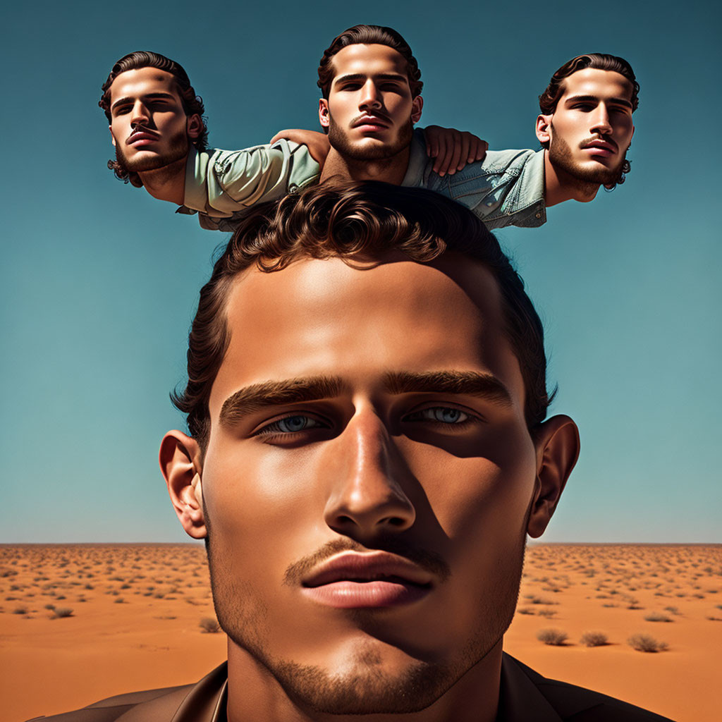 Surreal triple overlap of identical men in desert scenery