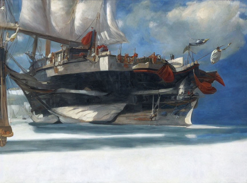 Detailed painting of historic ship at sea with unfurled sails, flags, and cloudy sky.