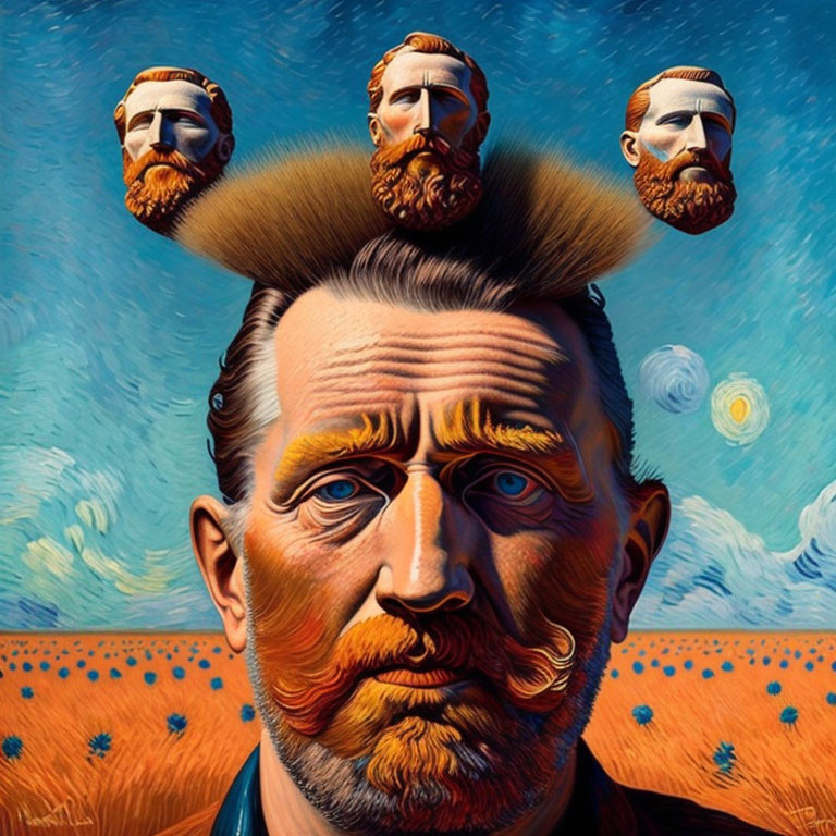 Surreal portrait of man with ginger beard and multiple heads on blue sky backdrop