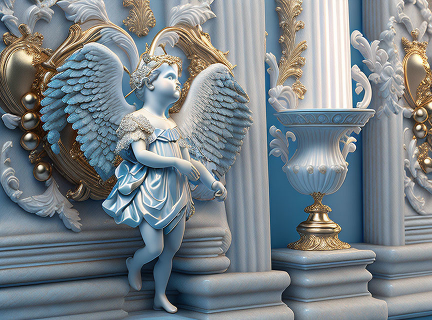 Cherubic figure with wings in classical attire standing between ornate pillars