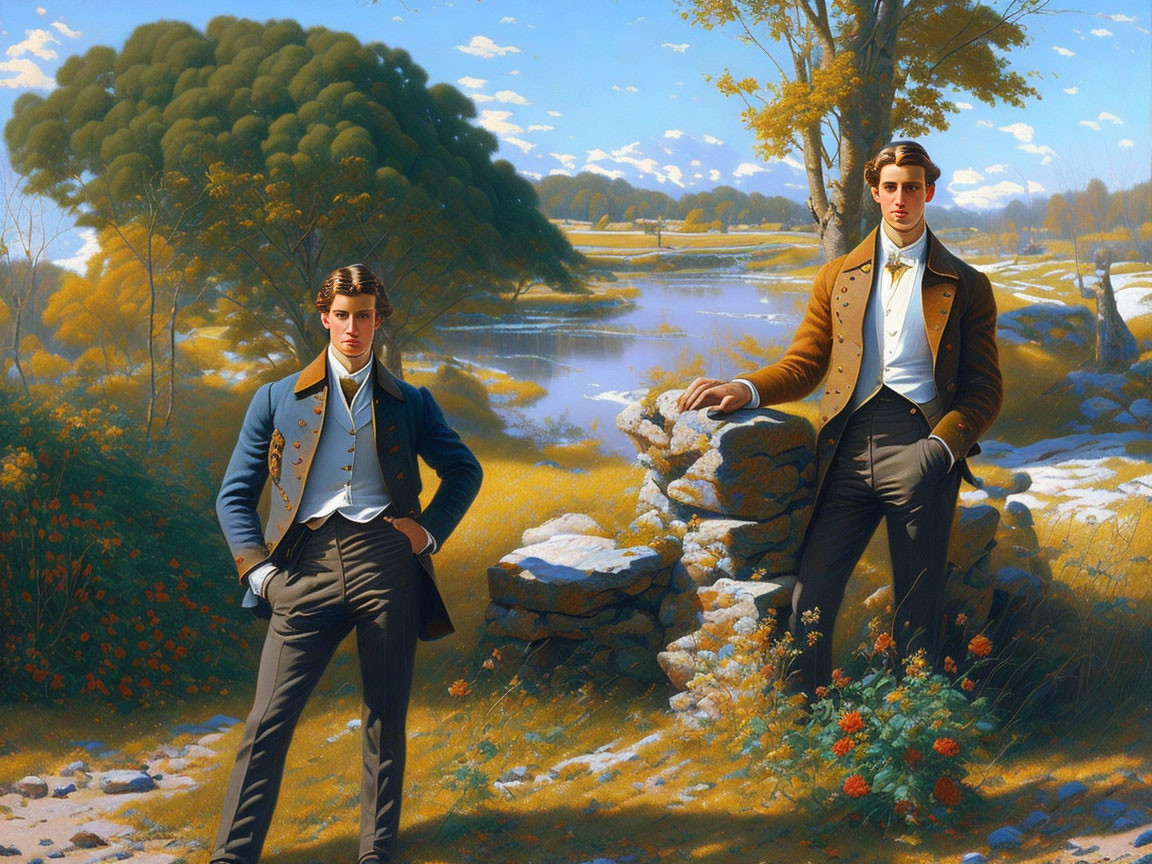 Two Men in Stylish Outfits in Serene Landscape with Tree and Water on Sunny Day