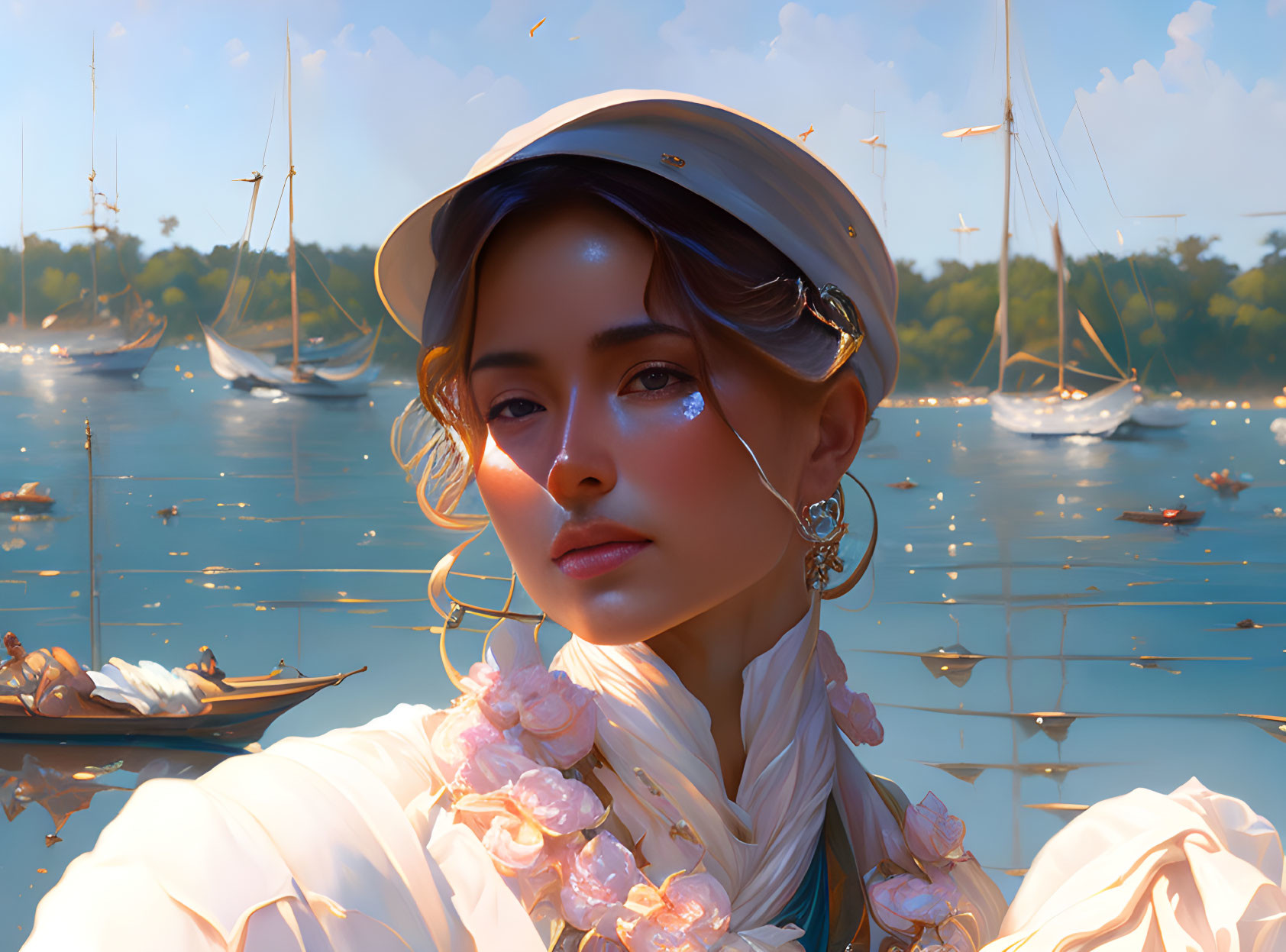 Woman in sailor's cap and floral outfit by water with sailboats and blue sky