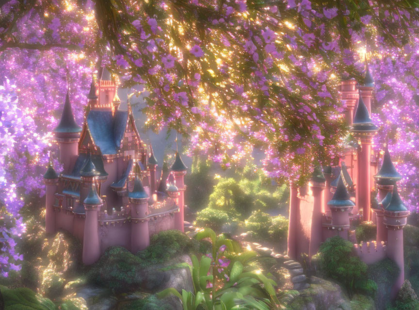 Enchanting pink castle in lush greenery with purple trees