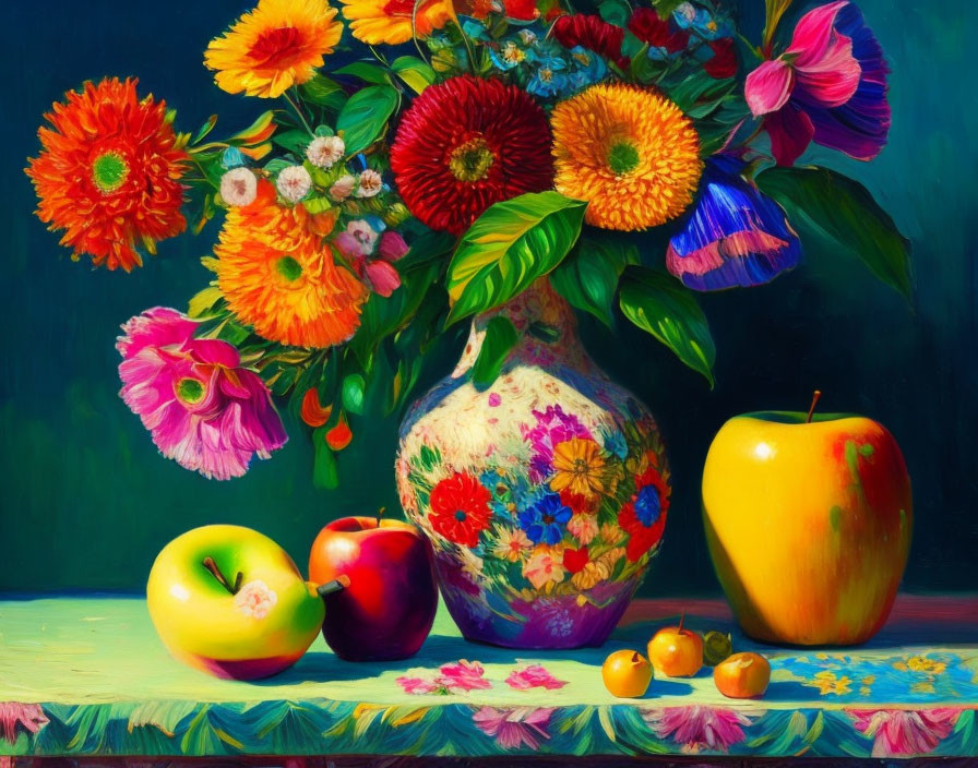 Colorful still life painting with floral vase, apples, and cherries