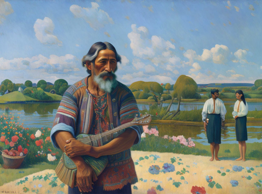 Elderly man in traditional attire playing guitar in serene landscape