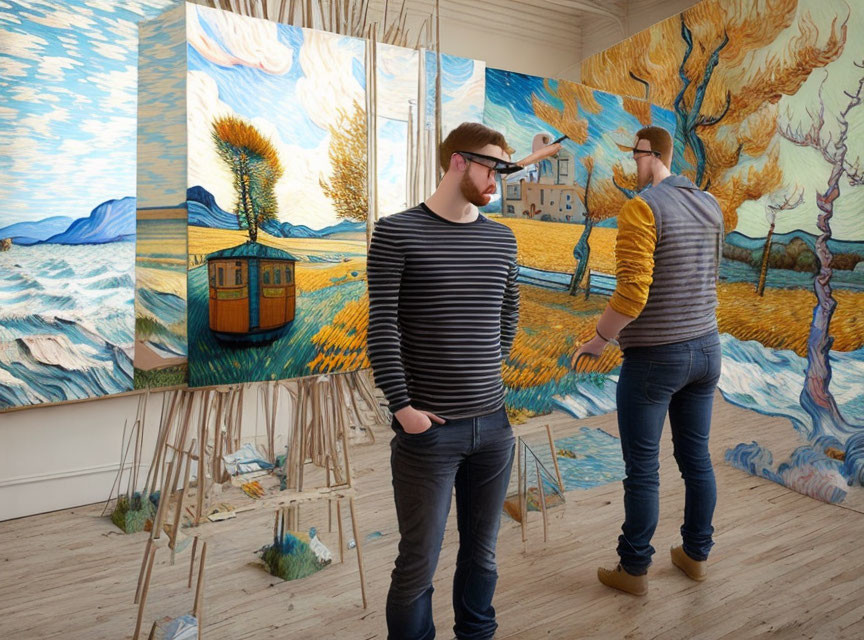 Artists painting large, vivid artworks in a bright studio