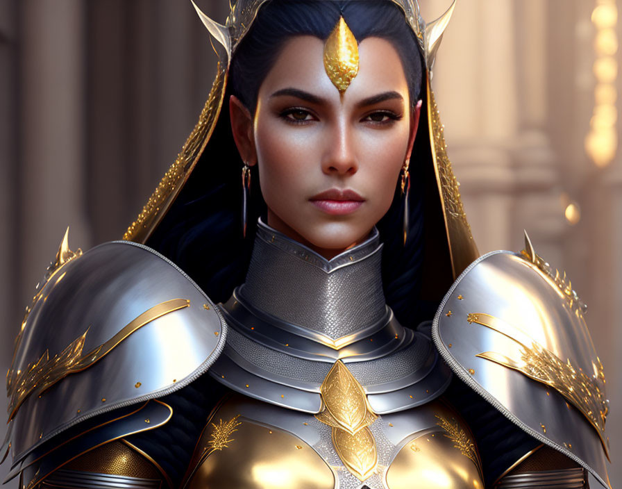 Digital artwork of a woman in golden tiara and ornate armor against architectural backdrop