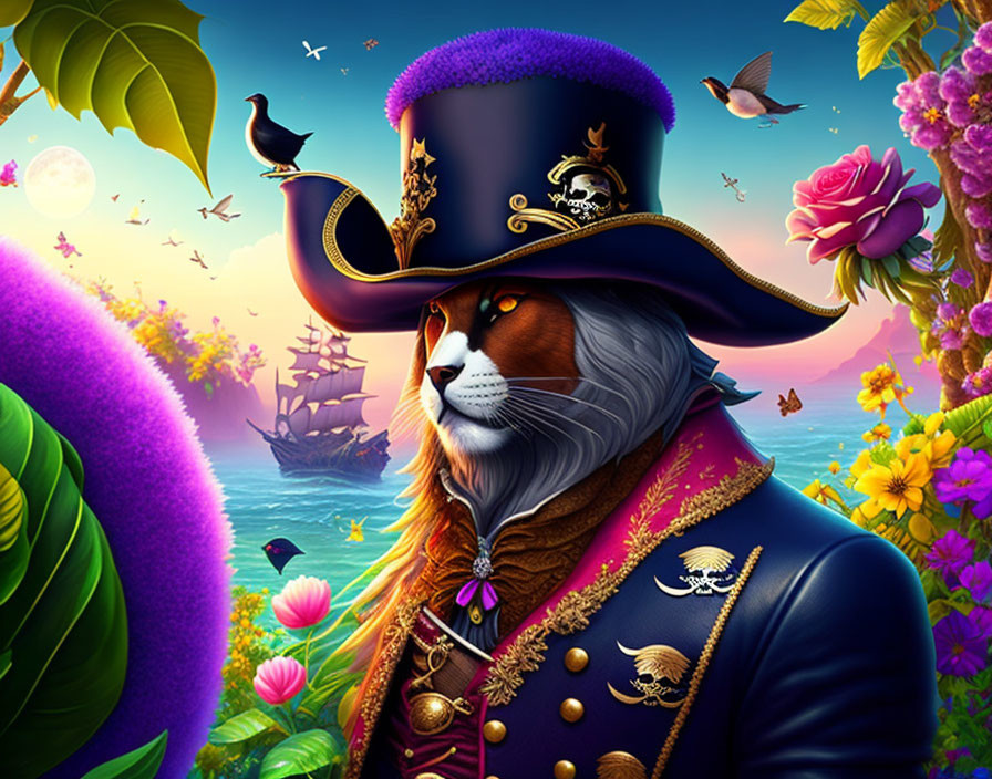 Majestic lion with human-like face in pirate captain attire among tropical flora and fauna.