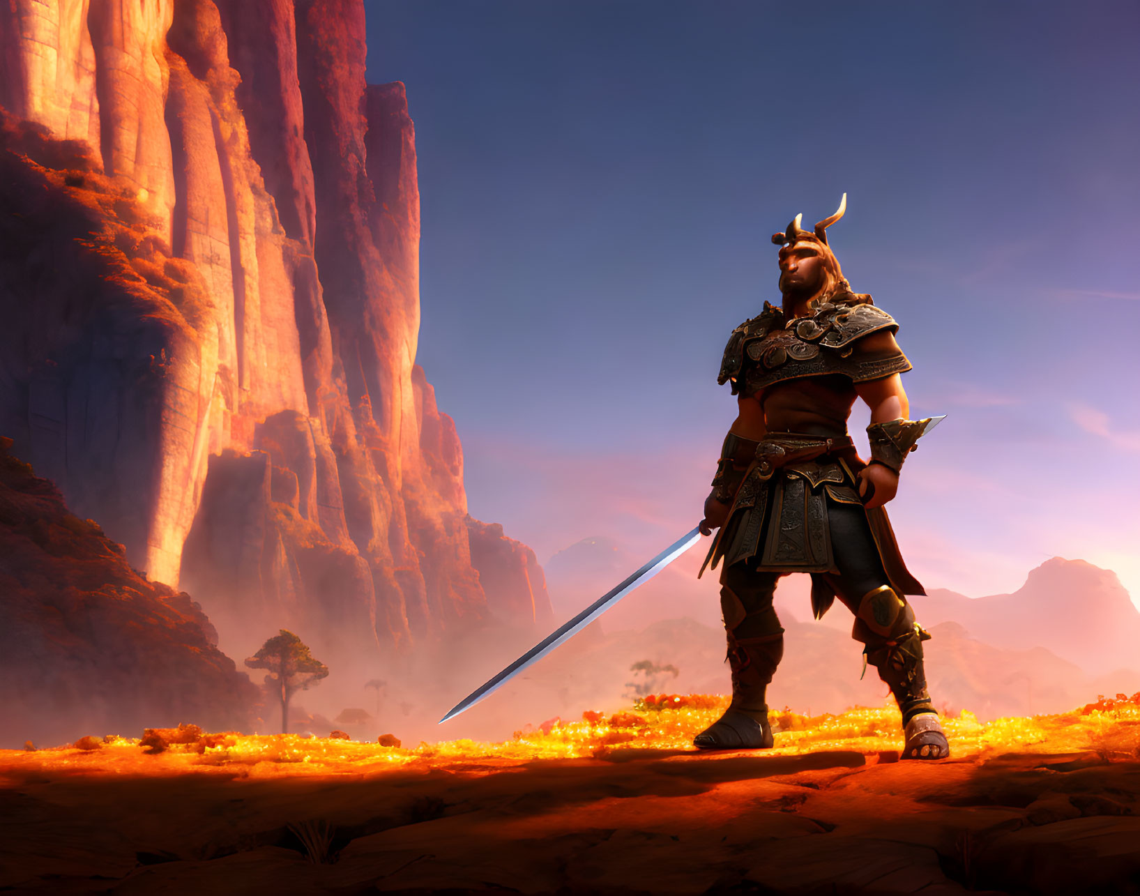 Medieval knight in horned helmet with sword against fiery landscape