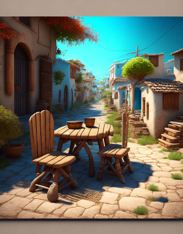 Picturesque Mediterranean village street with cobblestones, wooden chairs, vibrant flowers.