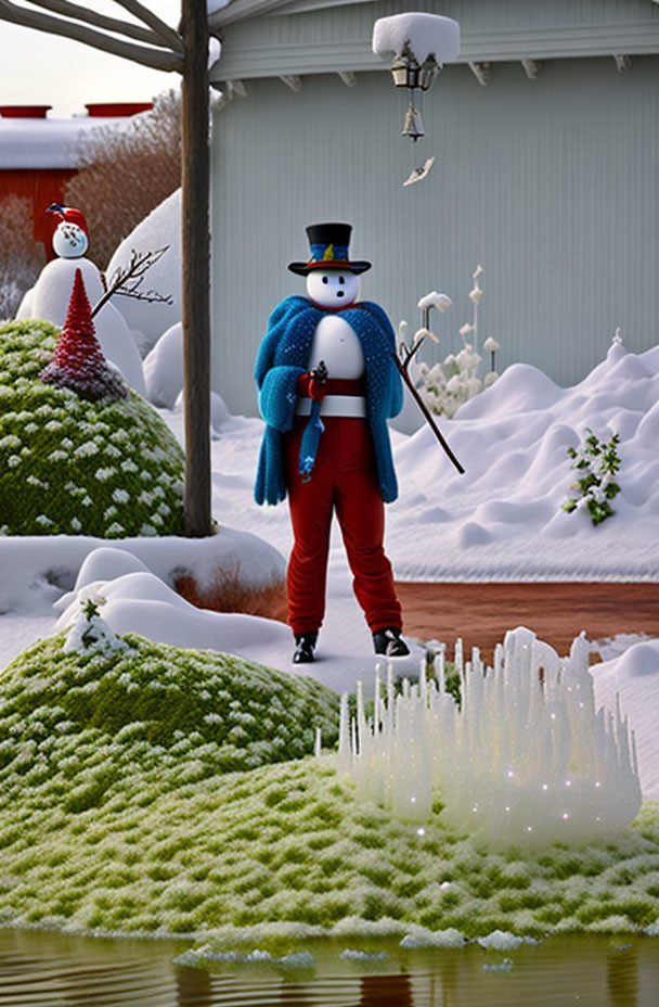 Snowman in top hat, scarf, cane in snowy garden with icy formations and another snowman